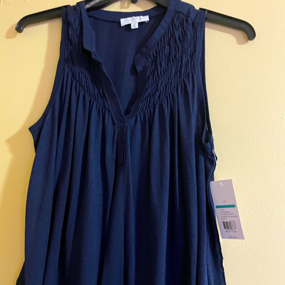 New Directions Split Neck Navy Top - image 1